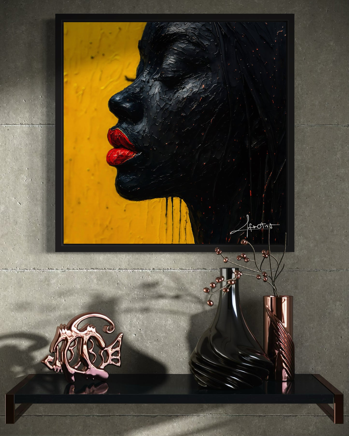 Sovereign Silence – Kraftvolles schwarzes Frauenporträt mit goldgelbem Hintergrund | Afrotist Kunstwerk