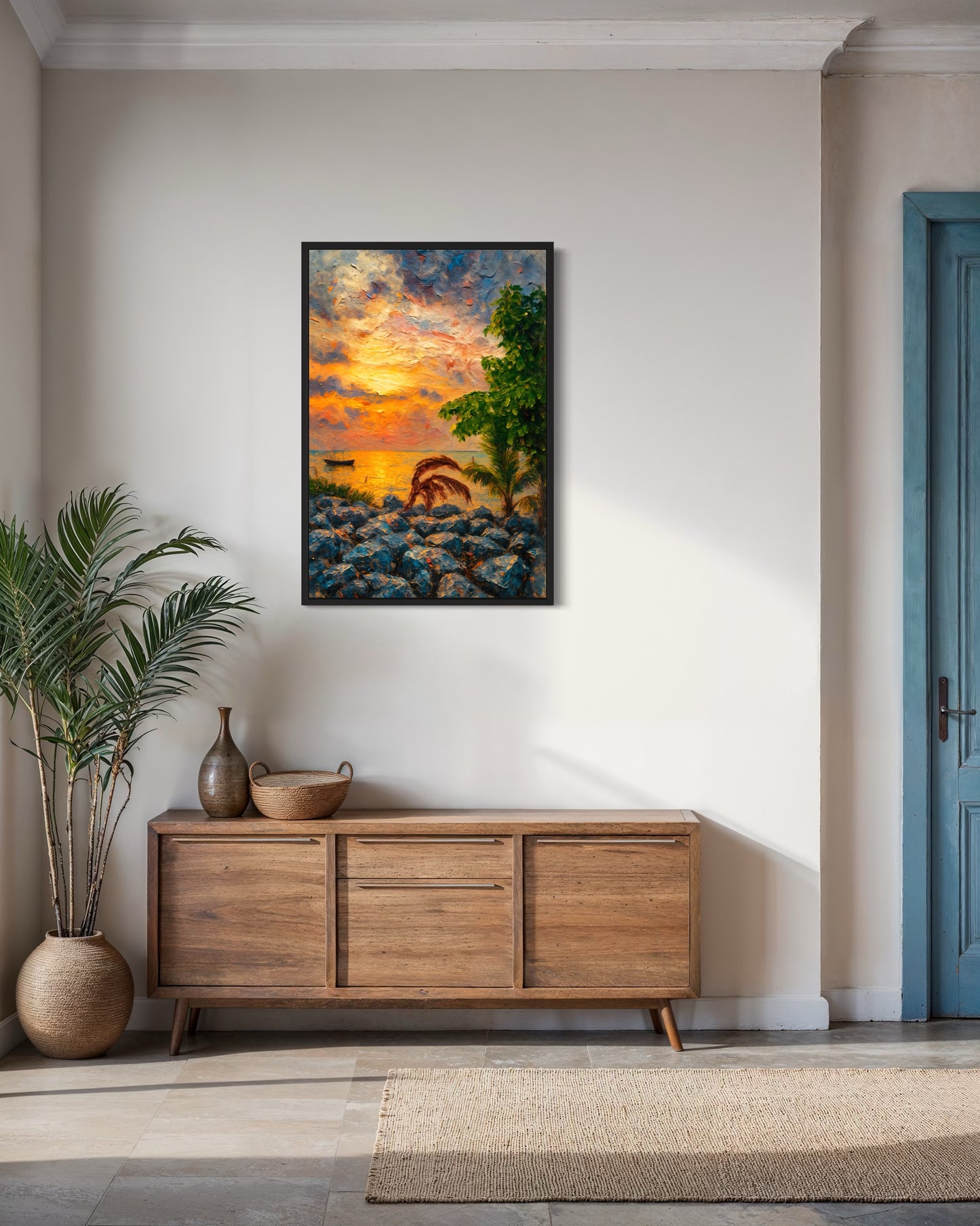 Before the Silence – Sonnenuntergangs-Fotokunst aus der Volta Region - Boot und Palmen in ruhiger Szene