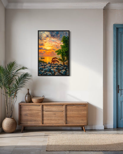 Before the Silence – Sonnenuntergangs-Fotokunst aus der Volta Region - Boot und Palmen in ruhiger Szene