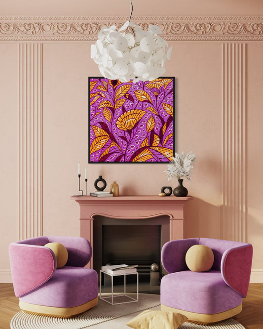 Blühende Geschichten - Lebendiges Stoffkunst Wandbild in Lila und Orange