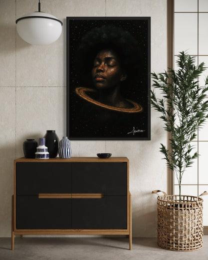 Daughter of the Cosmos – Afrofuturistisches Porträt einer Schwarzen Frau im Universum | Afrotist Kunstwerk