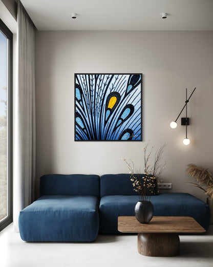 Flügel des Lichts -  Strahlendes Stoffkunst Wandbild in Blau und Gelb