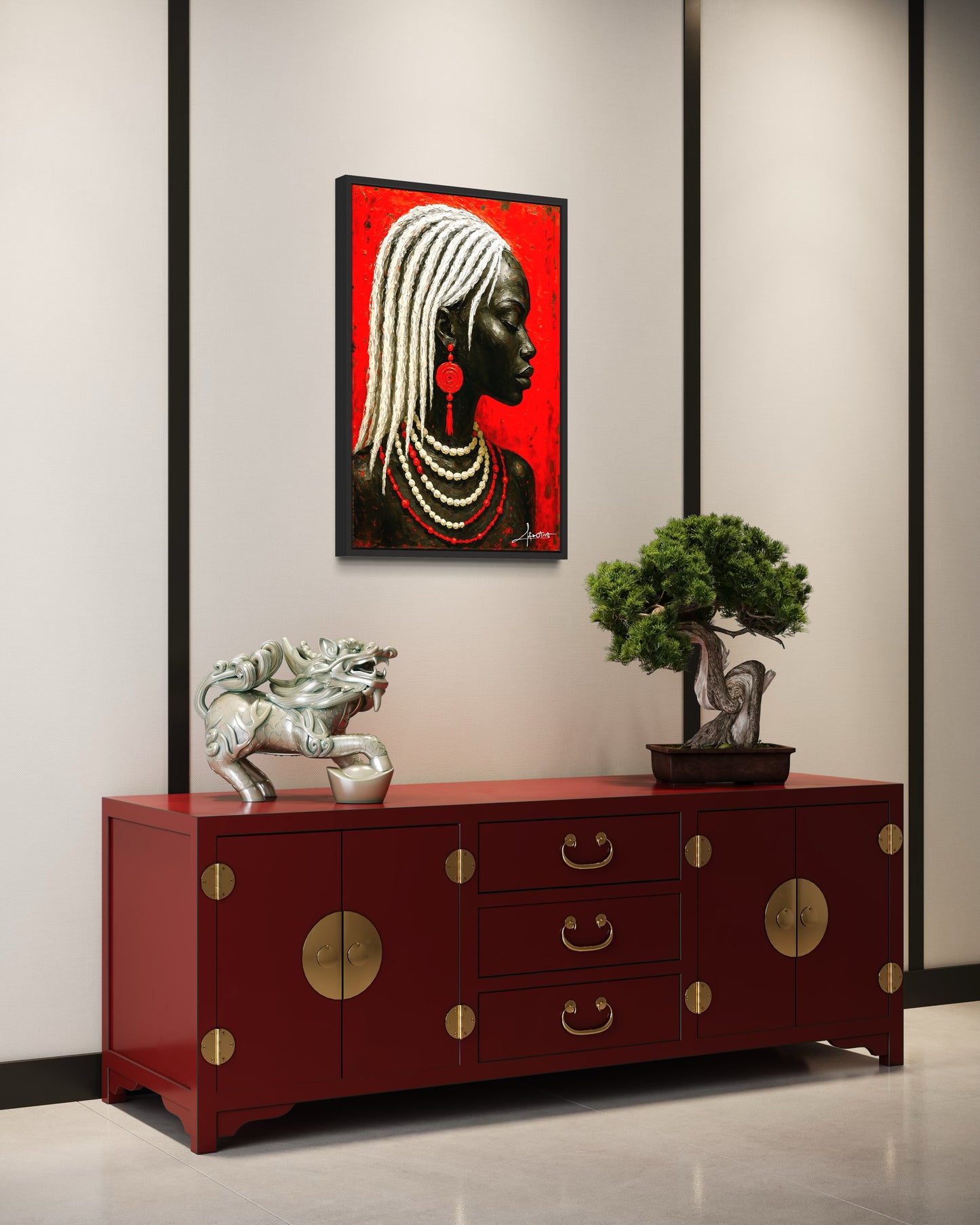 Matriarch in Red – Kraftvolles Profilporträt einer Schwarzen Frau mit Perlen und weißem Haar | Afrotist Kunstdruck