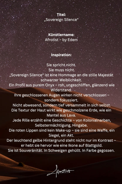 Sovereign Silence – Kraftvolles schwarzes Frauenporträt mit goldgelbem Hintergrund | Afrotist Kunstwerk