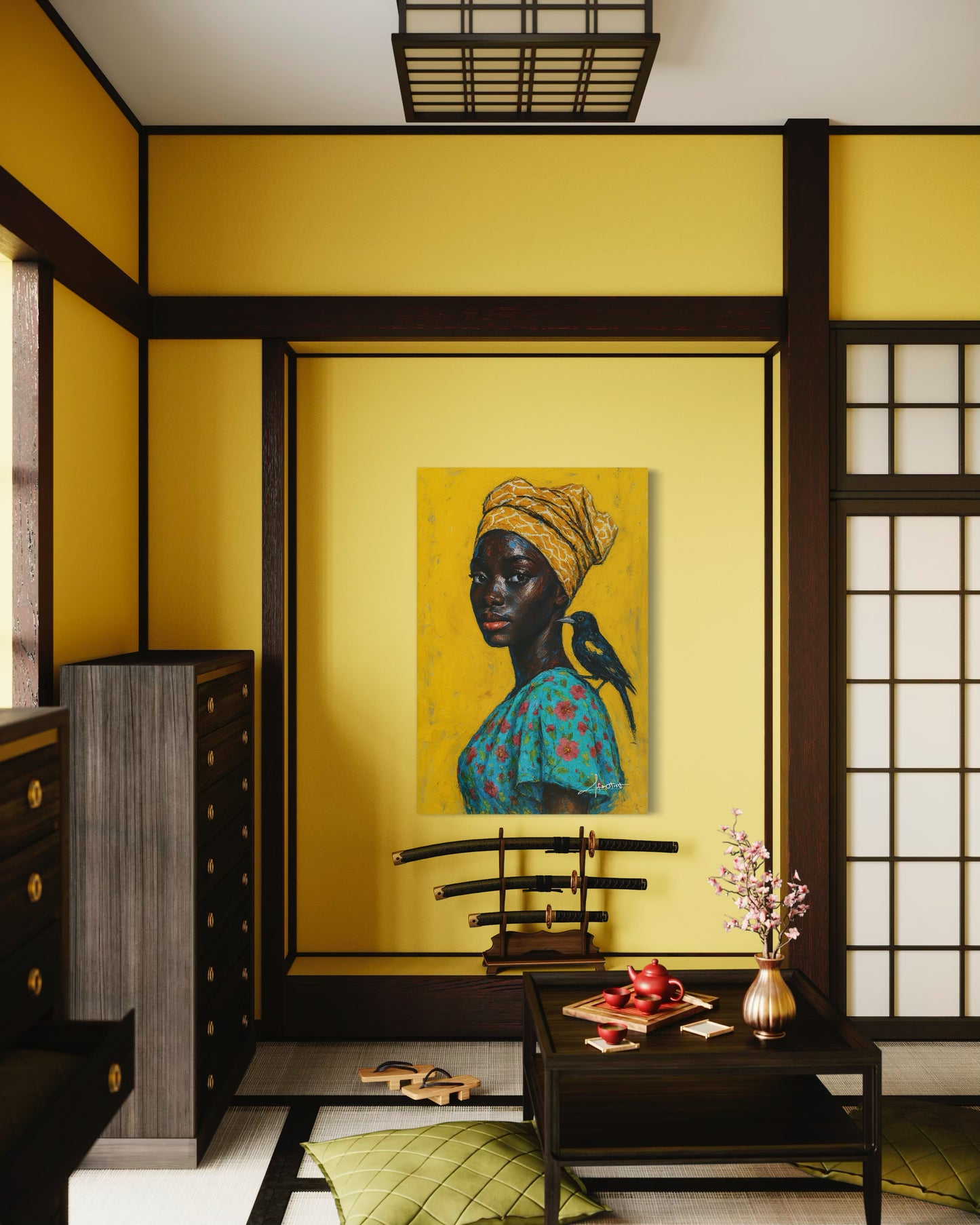 The Messenger – Spirituelles Afro-Porträt mit Vogel & Vision | Afrotist Kunstdruck