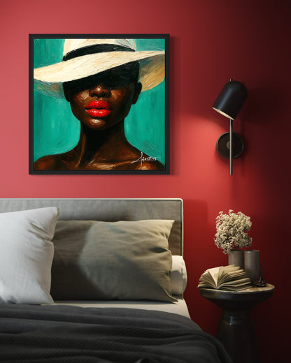 The Shade She Owns – Elegantes Kunstwerk Schwarze Frau mit weißem Hut & roten Lippen | Afrotist Kunstwerk